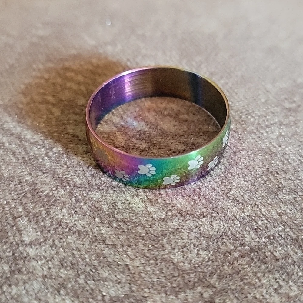 3/$30 Oil Spill Rainbow Paw Print Stainless Steel Kidcore Ring
